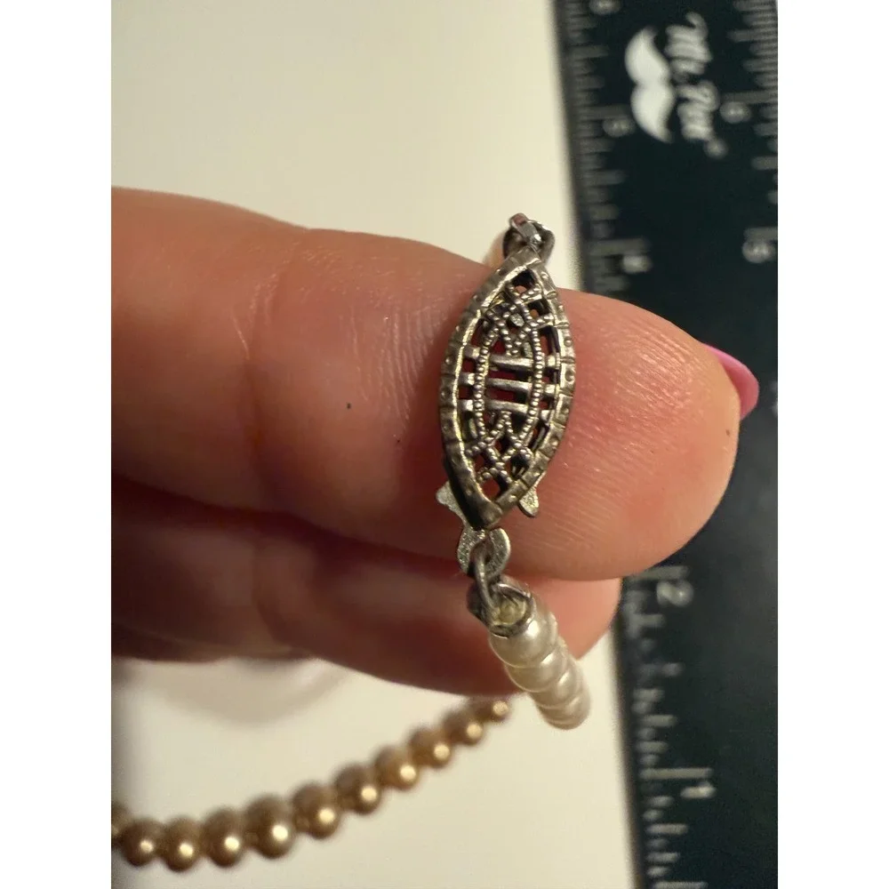 Vintage Graduated Faux Pearl Necklace Sterling Silver Filigree Clasp 17 Inch